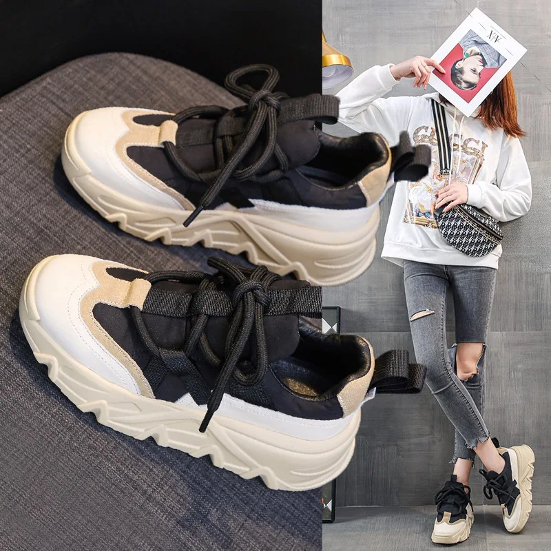 2023 new women's sports shoes vulcanized shoes thick soles fashion lace-up casual running shoes