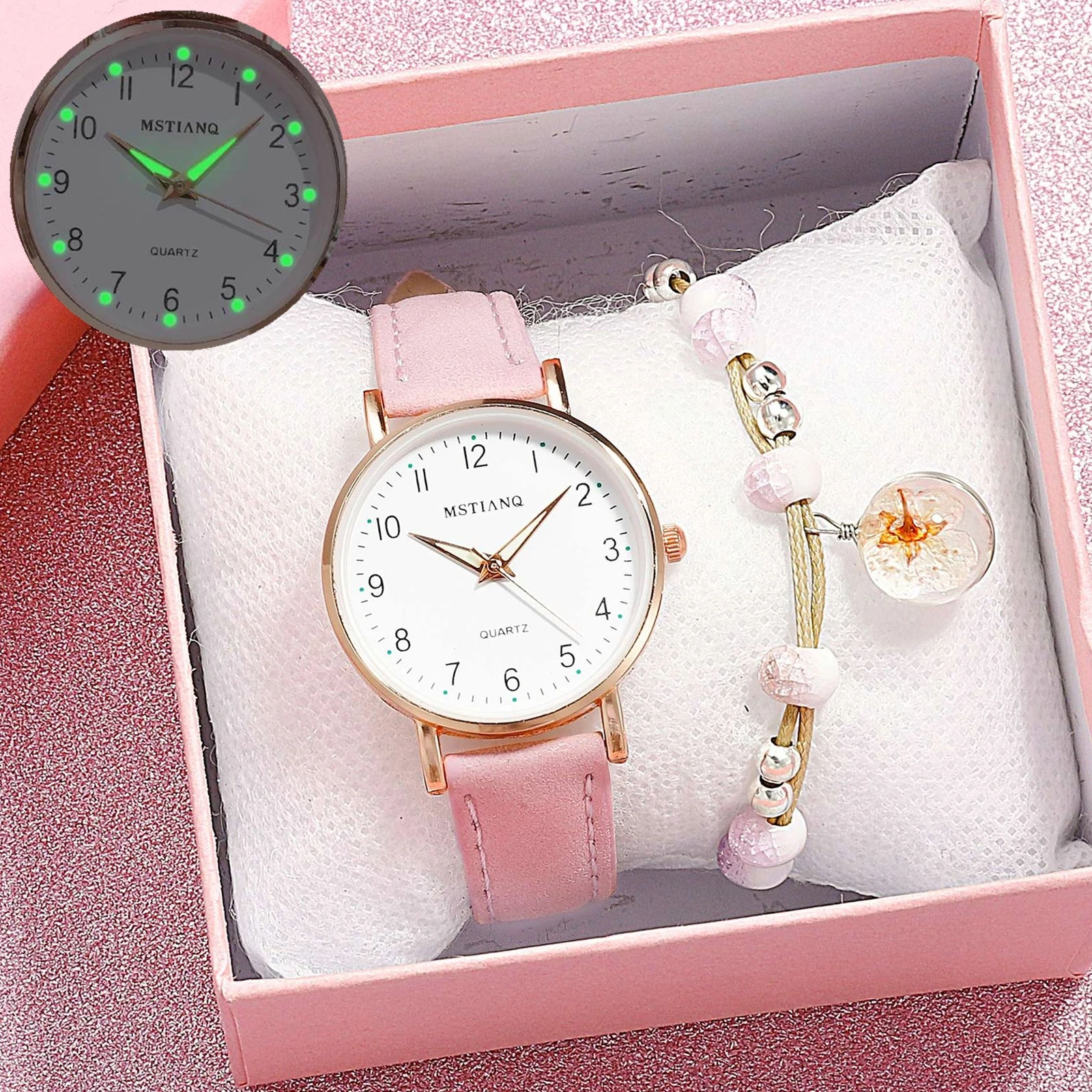 

Simple Luminous Women Watches Fashion Leather Girls Wristwatches Cherry Bracelet Set New Quartz Female Watch Gift zegarek damski
