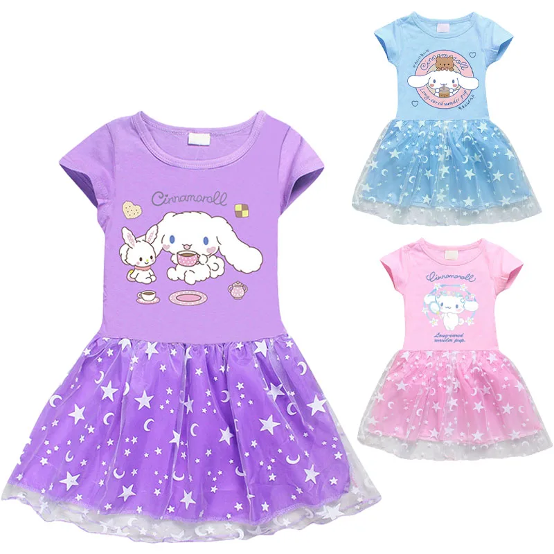 

Платье Sanrio Cinnamoroll для девочек, милые летние платья принцессы из тюля с коротким рукавом и изображением мультяшных звезд и Луны для девочек