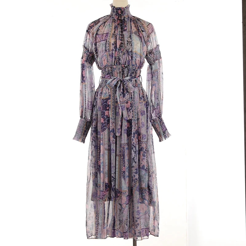 

PHOEBE HZ 2023 New Style Autumn Minority Lantern Sleeves Bowknot Print Sinky Dress Goddess Individuality Grntle Holiday Dress