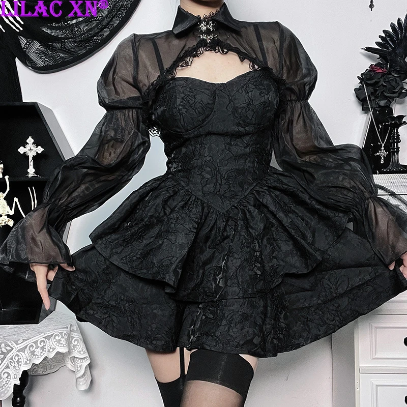 

Goth Black Jacquard Sleeveless Party Dresses Vestido Y2K Vintage Sexy High-waisted Layerd Lolita Mini Dress for Women Streetwear