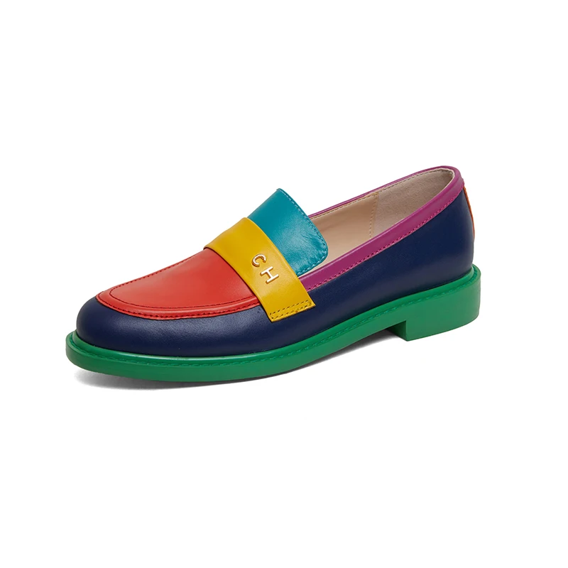 

Lefu Shoes New Square Heel Round Head Deep Mouth Single Shoes Spring 2023 Retro Color Matching Flat Shoes Versatile Color Small