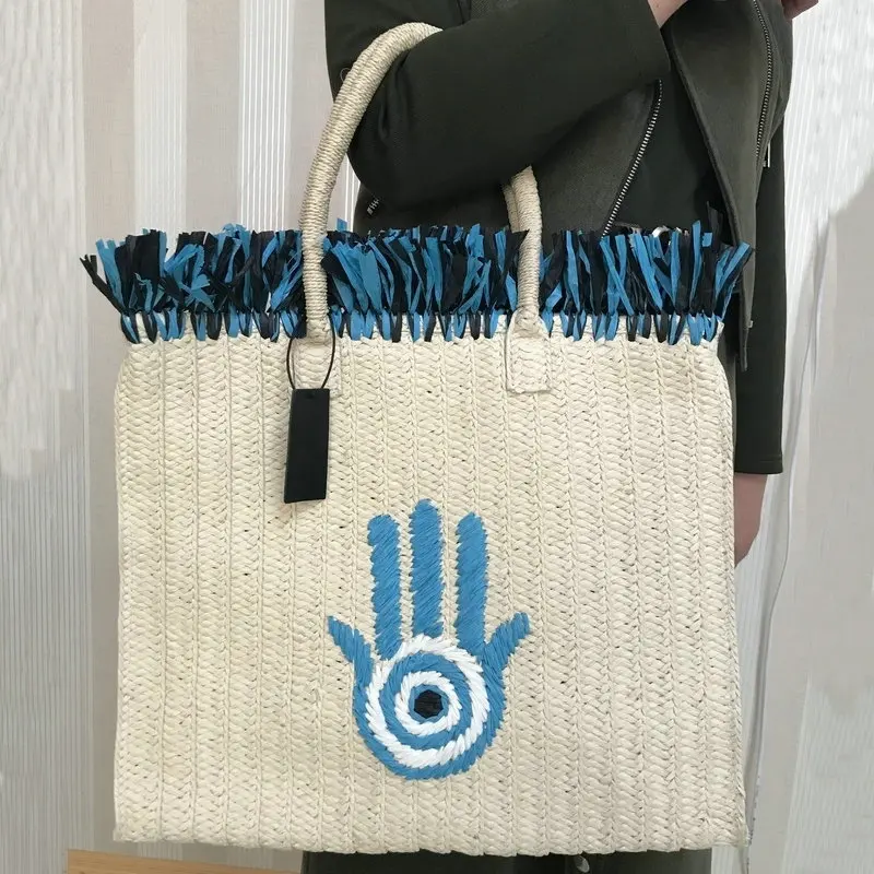 Luxury Eyes Embroidery Women Shoulder Bags Bohemian Tassel Straw Bags for Women Handbag Bali Travel Beach Bag 2022 Lafite Tote