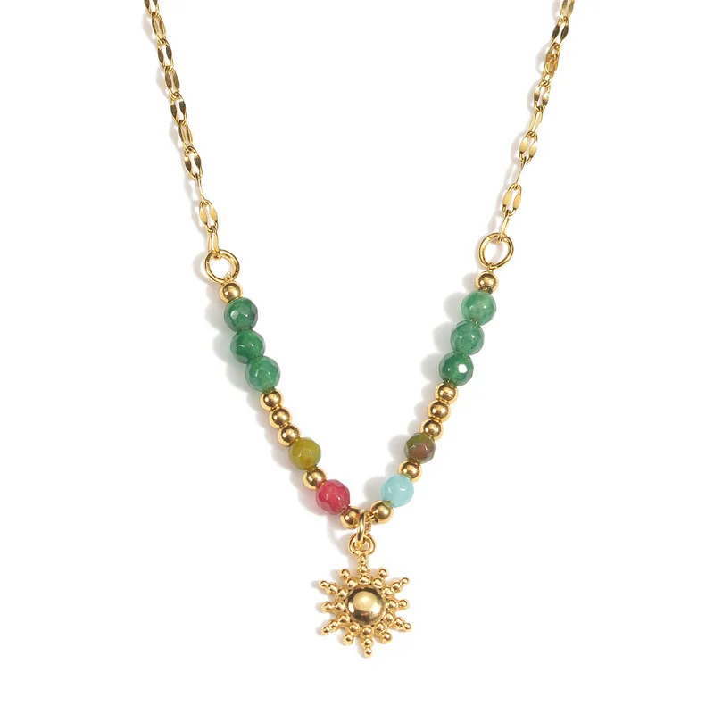 

Golden Sun Pendant Colorful Beaded Stainless Steel Necklace for Women Vintage Neck Jewelry Gift 2023 New