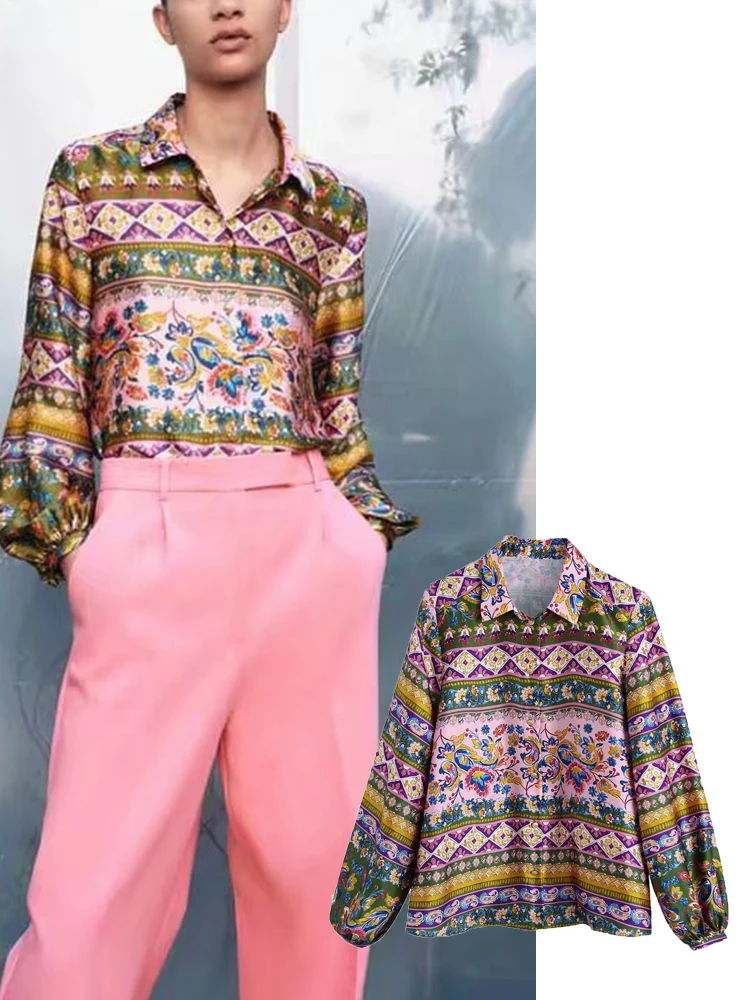 

Женская винтажная блузка с принтом ZA, повседневная однобортная рубашка с отложным воротником и длинными рукавами-фонариками, весна-лето 2022