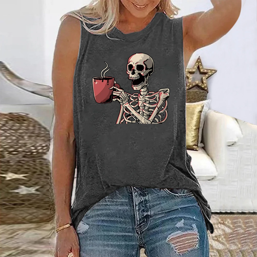 

Seeyoushy Skeleton Drinking Coffee Print Funny Women T-shirts Summer New Crew Neck Vintage T Shirt Sleeveless Summer Loose Tops