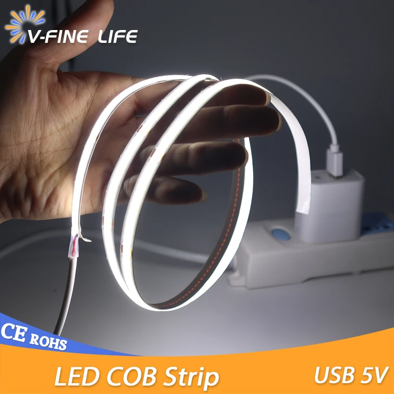 

5M High Bright COB LED Strip Light USB 5V 320leds/M CRI RA90 3000k-6500k Adhesive Tape Strips For Bedroom Kitchen Lighting