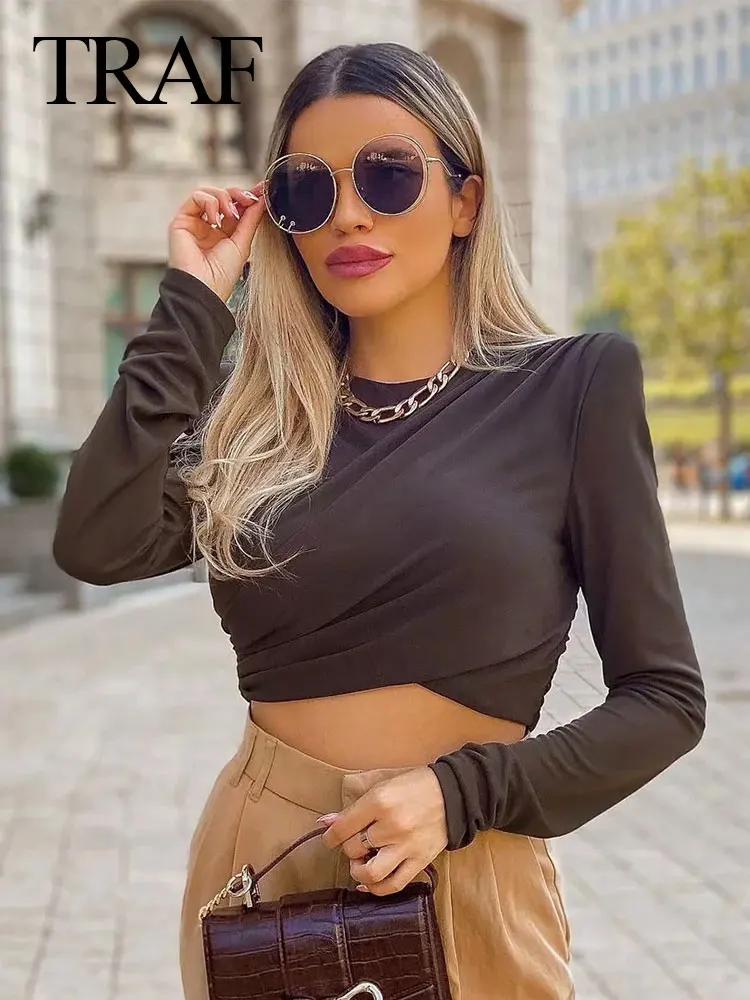 

TRAF 2023 Autumn Tops For Women Fashion Elasticity Shoulder Pads Slim Cropped Top Female Bodycon Shirt Versatile Women's Tights