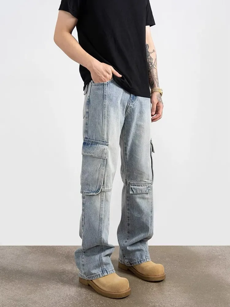 Мужские джинсовые брюки в стиле 90-х синие облегающие брюки-карго из денима с