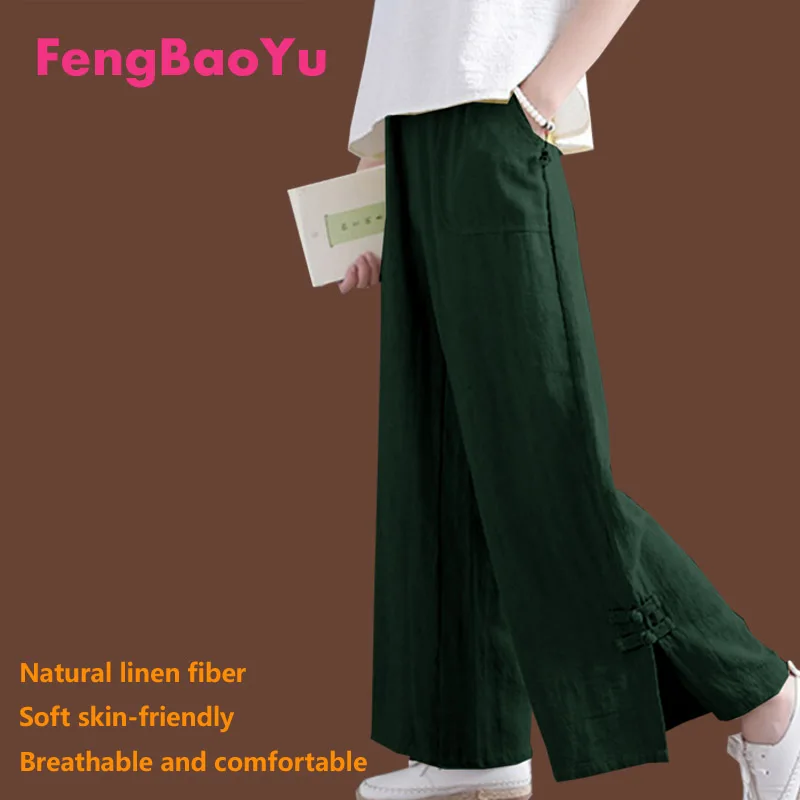 Fengbaoyu Flax Spring Summer Ladies Wide leg Trousers Plate Buckle Slit pants Cotton Hemp Zen Casual Black Pants Free Shipping