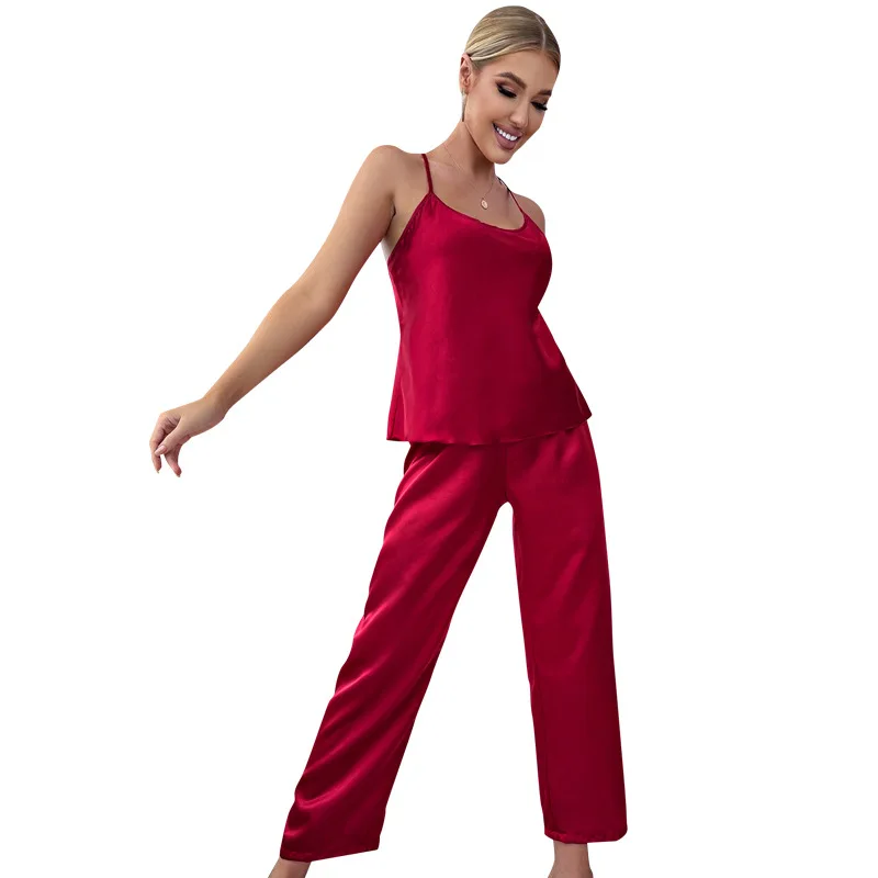 Sexy Cross Back Suit Sleeveless Suspender Pants Pajamas Two-piece Light Ice Silk Pajamas Women 3018