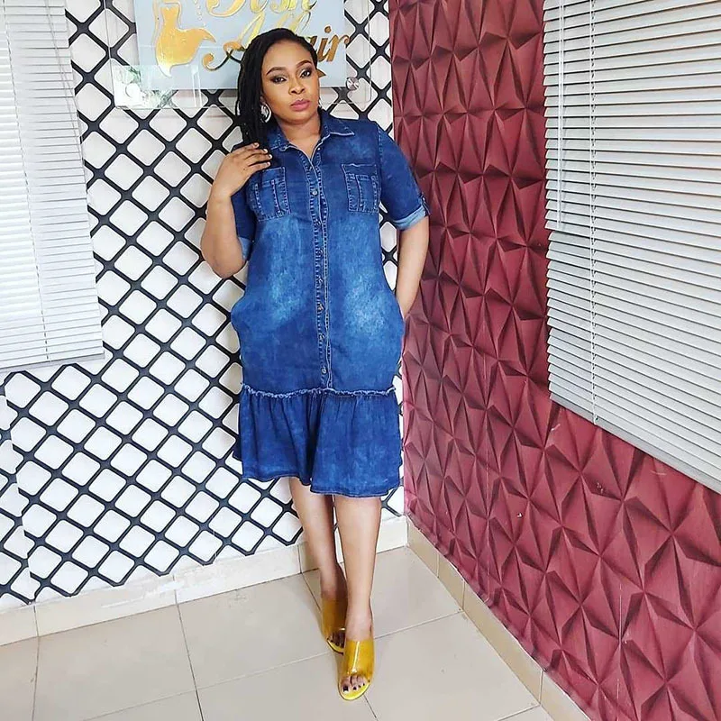 

Perl Denim Turn Down Collar Pleated Dress Button Curved Skirt Plus Size Women Clothing Jean Summer Outfit Street Wear 4XL 5XL