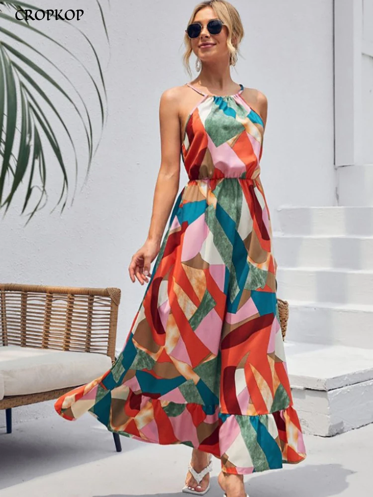 

Summer Sexy Long Dress Women Casual Ruffle Big Hem Holiday Beach Sundress Fashion Black Print Sleeveless Lace-up Dresses 2022