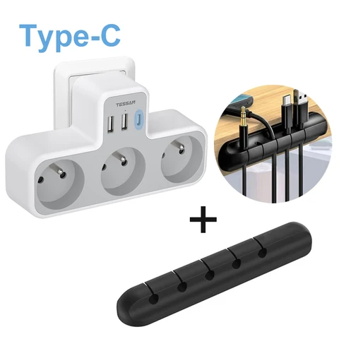 Сетевой удлинитель TESSAN 6 в 1 с 3 французскими розетками и 3 USB-портами (1 USB C), настенное зарядное устройство USB для дома и офиса