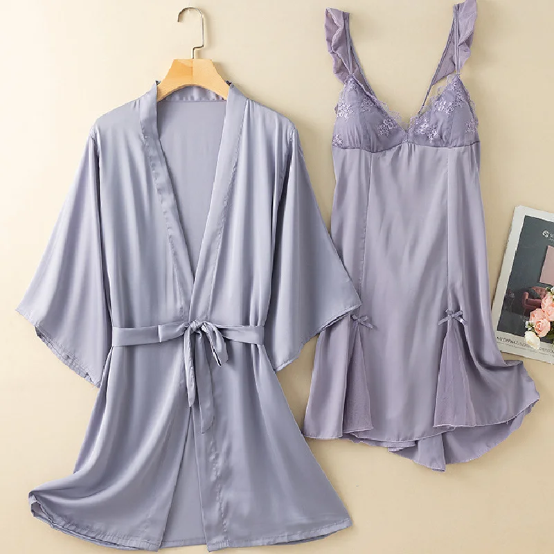

Lace Wedding Two Pieces Robe Nightdress Set Female Kimono Bathrobe Gown Sexy Thin Silk Satin Sleepwear Loose Home Dress