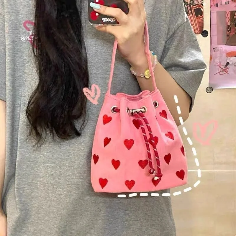 

Pink Heart Embroidered Ladies Bucket Purse Handbags Fashion Love Women Messenger Bag Drawstring Female Girls Small Shoulder Bags