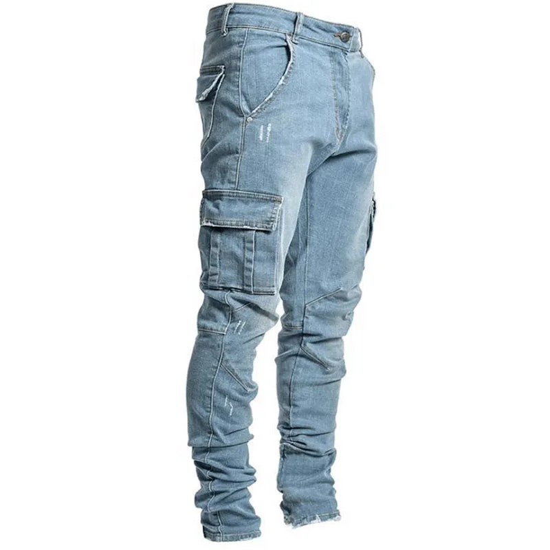 Jeans Men Fashion Multi-Pocket Cargo Pants Blue High Street Slim Pencil Pants Hight Quality Black Streetwear Jeans For Men
