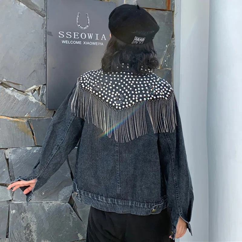 2021 Women Autumn Hand-studded Denim Jacket Coat Rivet Loose Black Tassel Chain Short Jeans Jacket Coats Streetwear Mujer