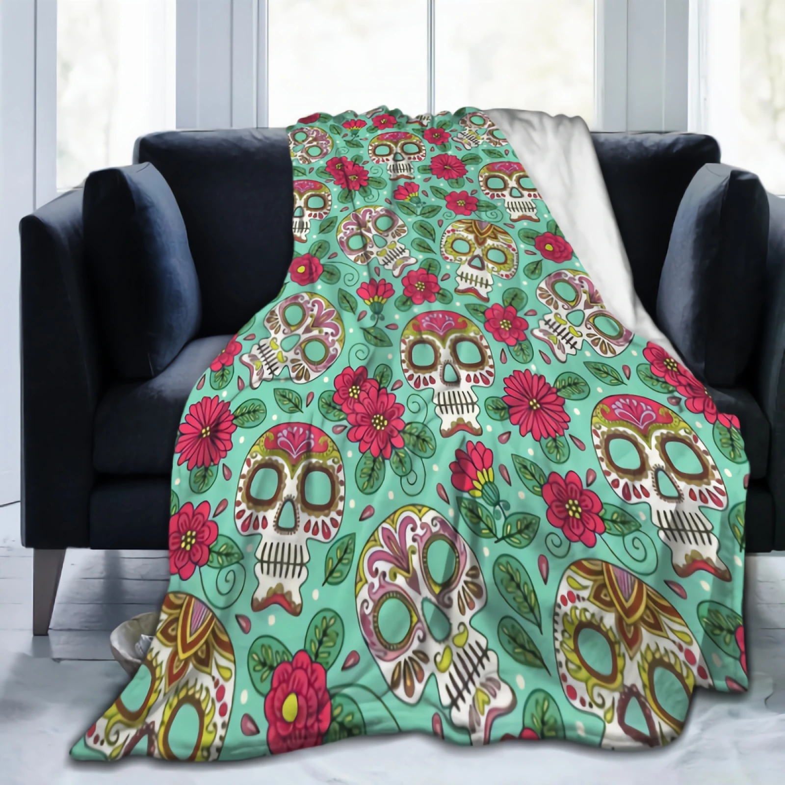 

Plush Blanket Freehand Skull And Flower Sherpa Fleece Blanket Throw Blankets for Crib Bed Couch Chair Four Seasons Living Room