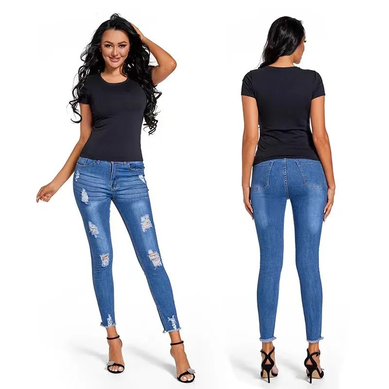 

Женские синие джинсы, модные рваные джинсы с бахромой и дырками