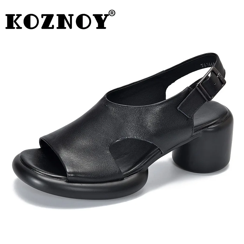 

Koznoy 6cm Genuine Leather Platform Wedge Sandals Peep Toe Summer Buckle Chunky Heels Comfy Fashion Women Ladies Loafer Shoes