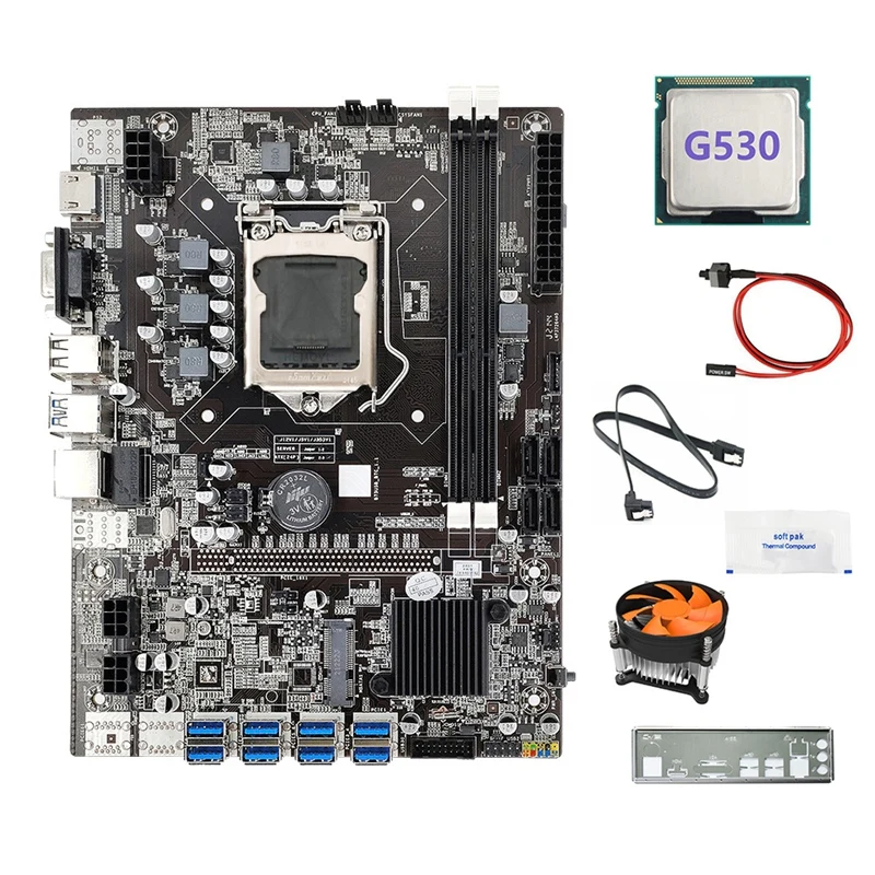 

B75 8USB ETH Mining Motherboard+G530 CPU+Fan+Switch Cable+SATA Cable+Baffle+Thermal Grease B75 BTC Miner Motherboard