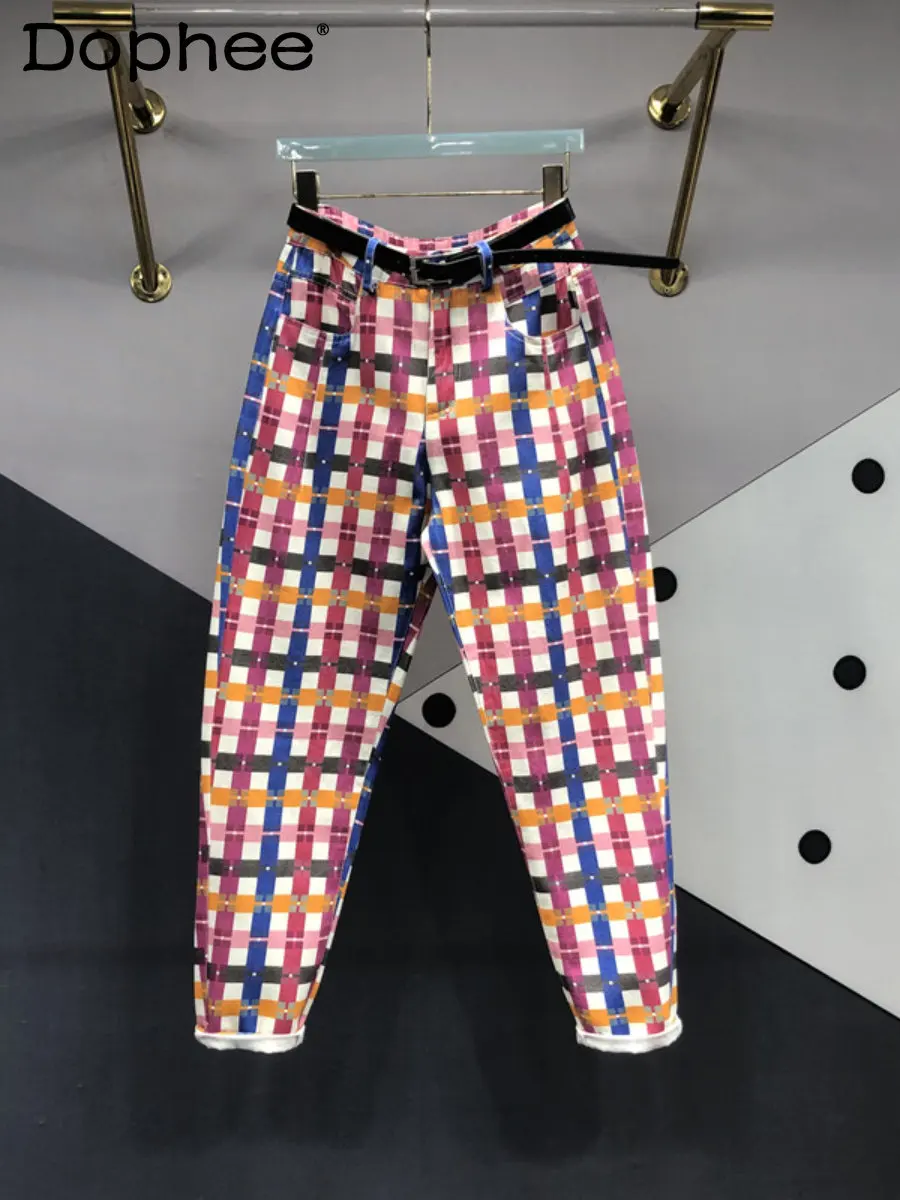 

Streetwear High Waist Slimming Printed Color Plaid Pants Female Curling Denim Trousers 2023 New Spring New Harem Pants for Women