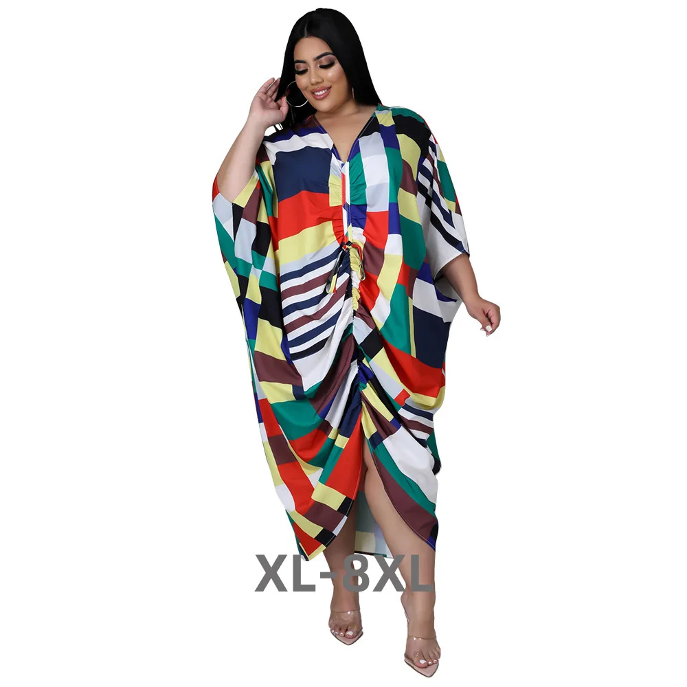 

Plus Size Shirt Dress 3xl 4xl Elegant Striped Loose Casual Pleated v Neck Maxi Dresses for Women Whole 3xl 4xl 5xl 6xl