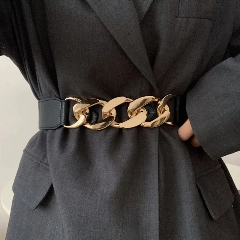 

Fashion Elastic Belt with Chain Luxury Pu Leather Women Waistband for Coat Dress Slim Strap Waist Belt