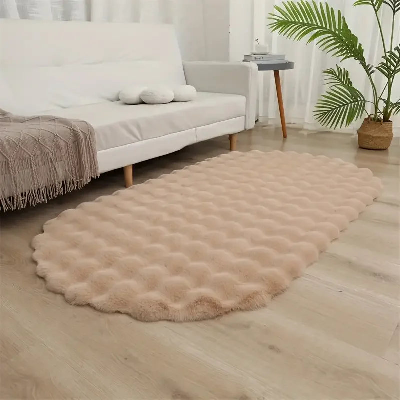 Luxurious Faux Rabbit Fur Oval Area Rug Plush Thick Warm Bubble Velvet Carpet for Living Room Fluffy Soft Bedside Floor Mat
