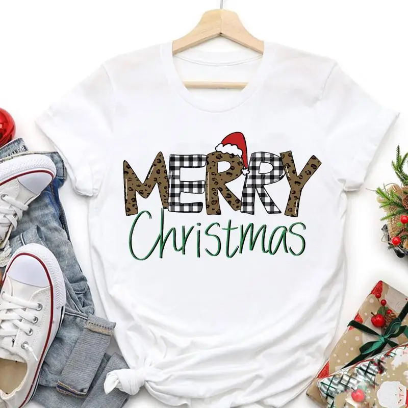 

Women 2022 Winter Season Holiday Merry Christmas Tshirt Graphic T-shirts Happy New Year Clothing Cartoon Festival Top Travel Tee