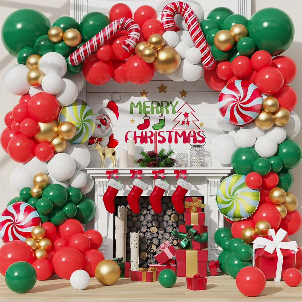 

152Pcs Christmas Red Green Gold Latex Balloon Garland Arch Kit Cane Lollipop Foil Balloons Christmas Party New Year Decorations
