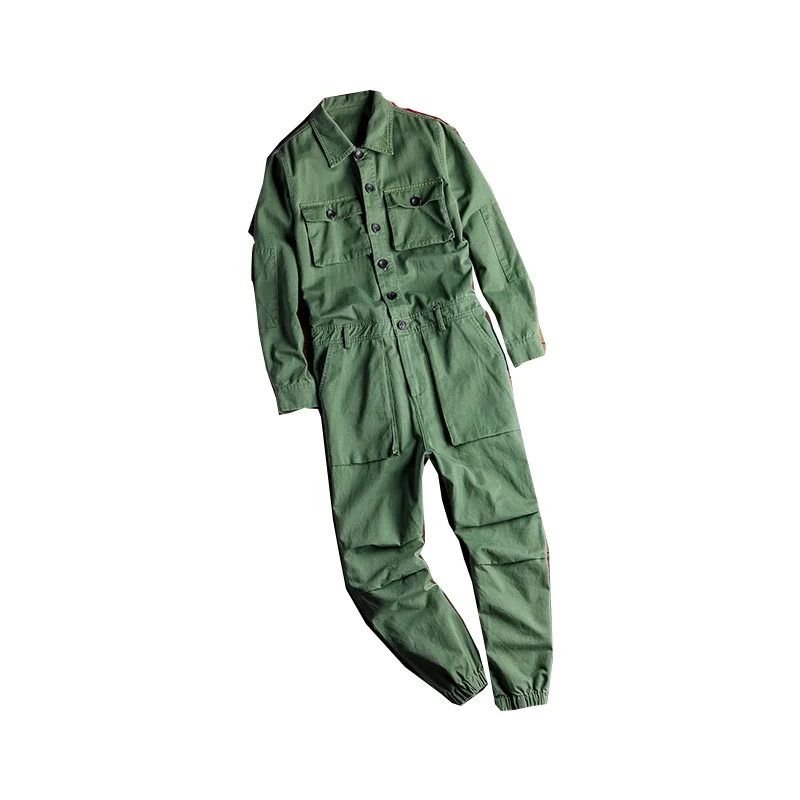 

Men's Long Sleeve Pocket Jumpsuit, Casual Running Wear With Pockets, Black Army Green Khaki