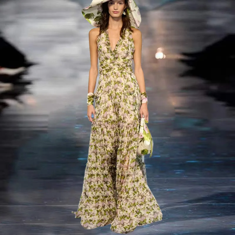 

New Arrival Women Flower Print Dress Elegant Sleeveless Sexy V-Neck Dresses 2311