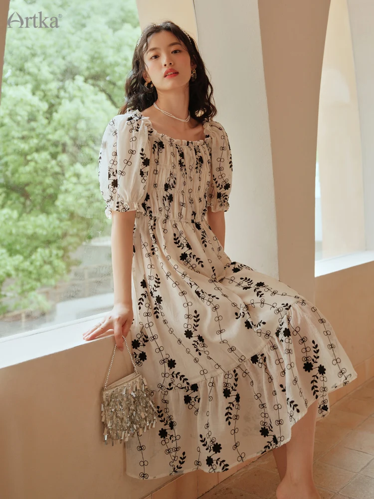 

ARTKA 2022 Summer New Women Dress French Elegant Square Collar Flocking Floral Dresses Short Puff Sleeve Midi Dress LA29323X
