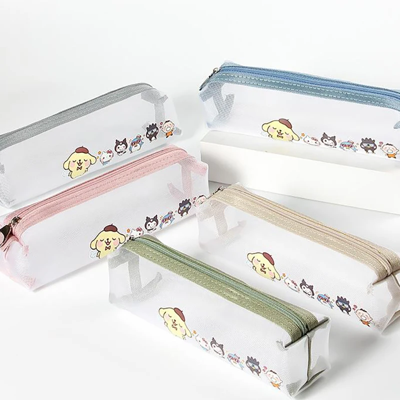 

Sanrio Pencil Bag Transparent Cartoon Nylon Mesh Large Capacity Kuromi Melody Kawaii Stationery Portable Storage Bag for Student