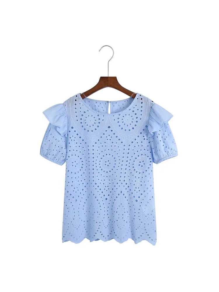 

2022 Summer Women Sweet Blouses Shirts Tops Hollow Out Short Sleeve Ruffles Female Fashion Street Embroidery Top Blusas