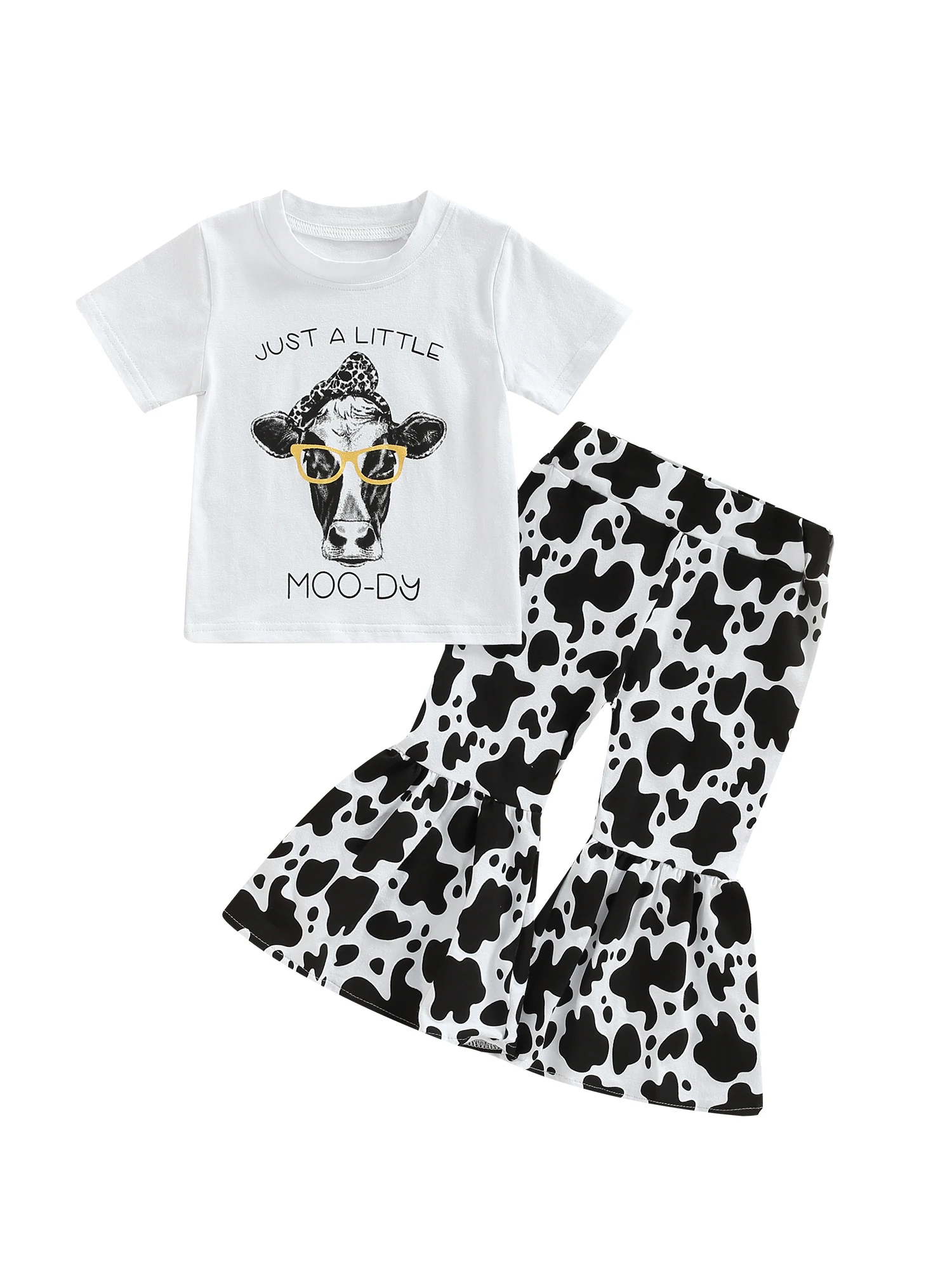 

Летние милые комплекты детской одежды для девочек из 2 предметов с принтом коровы и надписей ранние расклешенные брюки с высокой талией