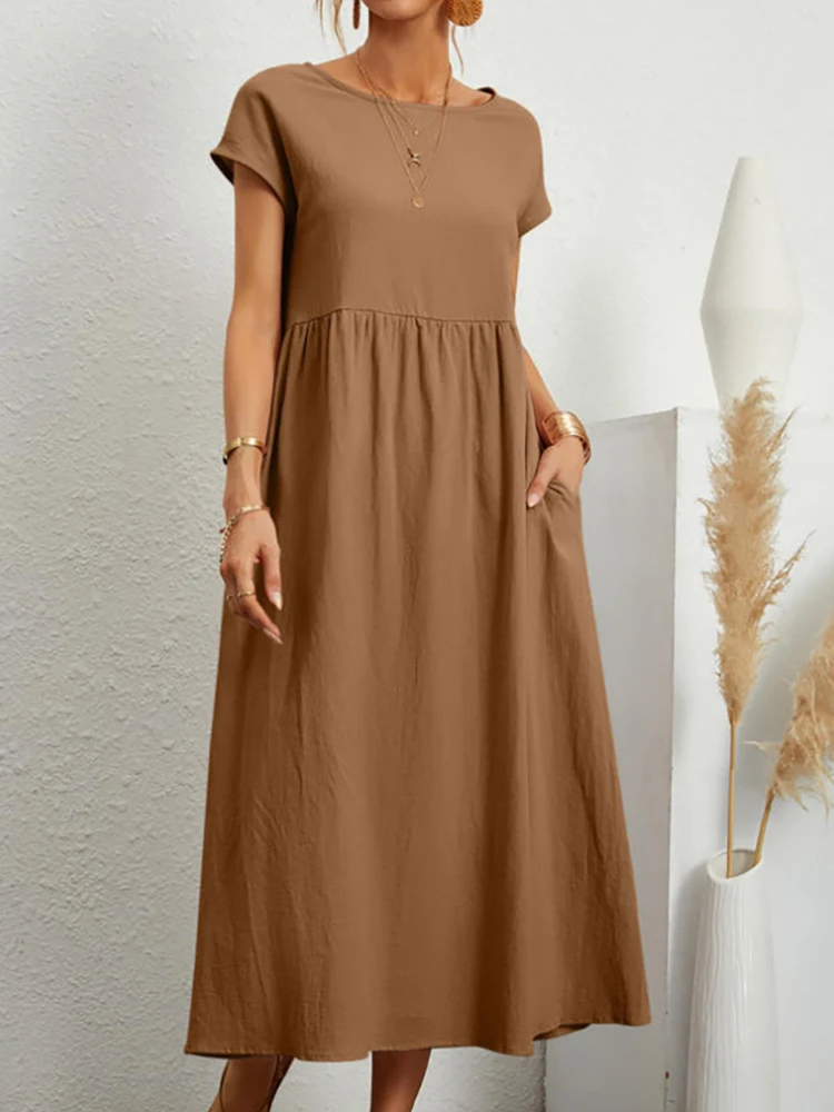 Элегантное однотонное платье макси женское винтажное с коротким рукавом летний
