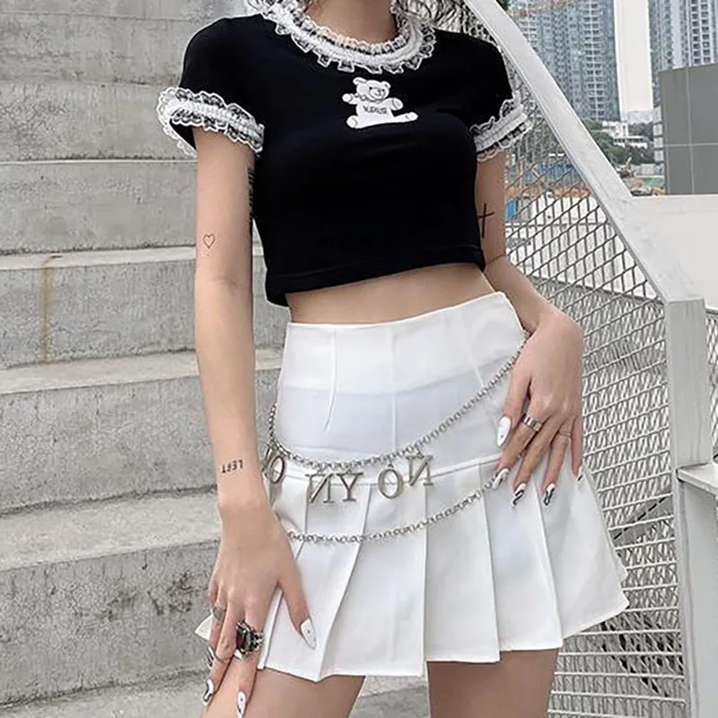 Goth T Shirts Fashion Kpop Bear Print Graphic T Shirts Summer E Girl Sexy Lace Crop Top MINGLIUSILI Gothic Women Clothing