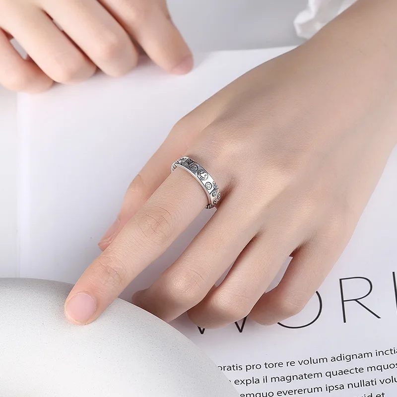 

S925 Sterling Silver Smiley Face Thai Silver Ring Opening Simple Retro Old Smiley Face Chain Ins All-match Temperament Ring Gift
