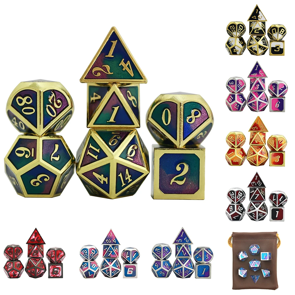 

Набор игральных костей 7 шт.-фиолетовый синий зеленый металлический полигедрал с сумкой для костей для ролевых игр включает D20
