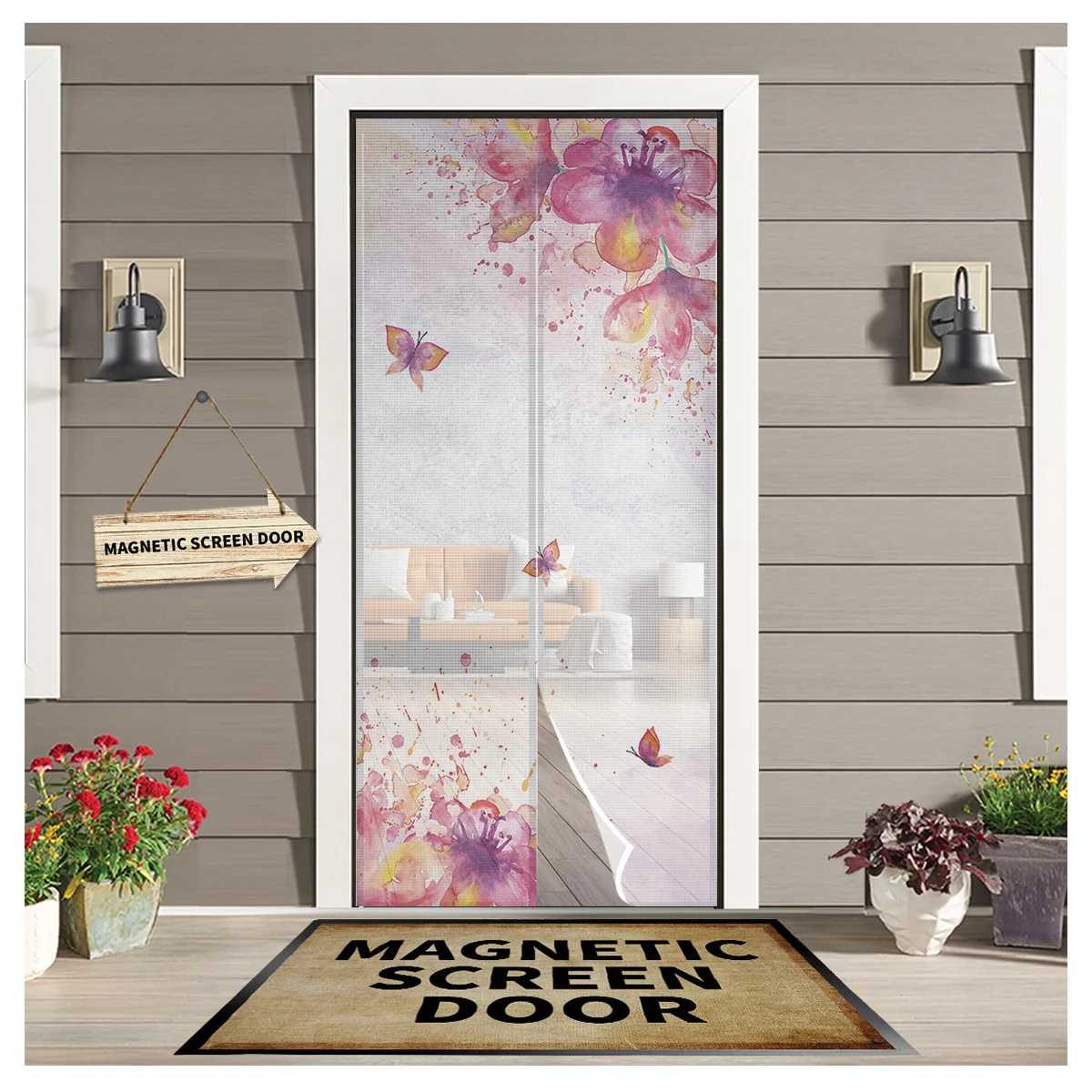 

Watercolor Flower Butterfly Kitchen Door Curtain Tool-free Magnetic Screen Insect-proof Door Curtain Bedroom Hanging Curtain