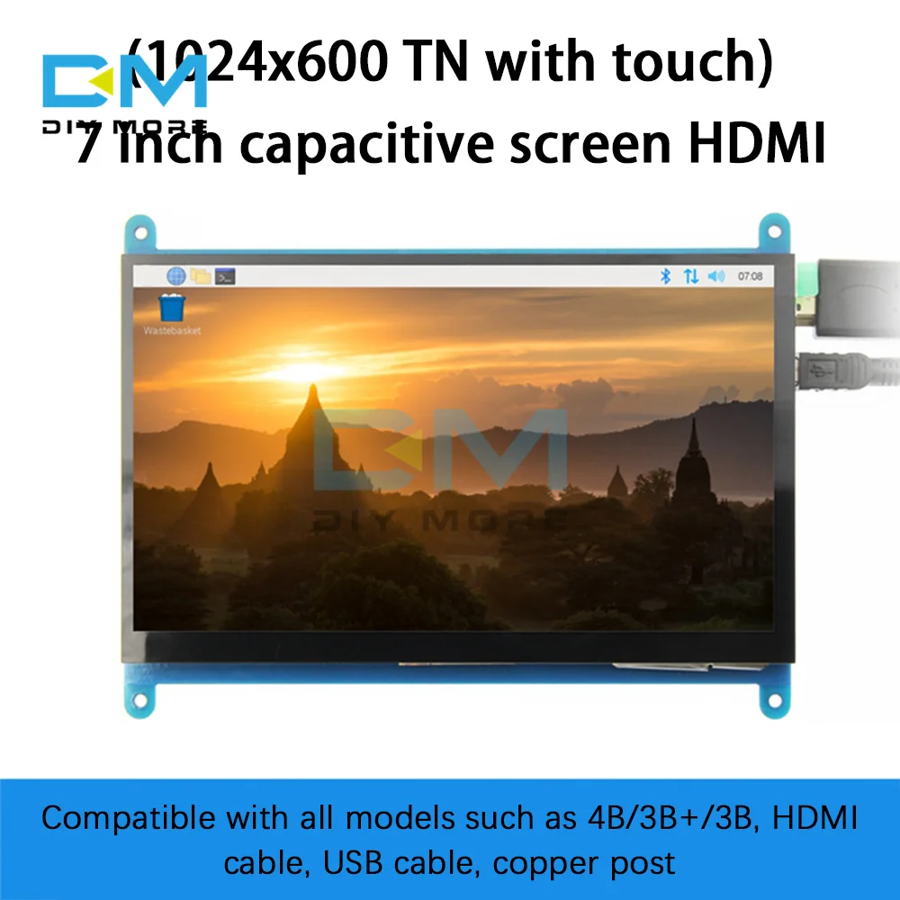 

7 Inch IPS LCD Display 1024x600 Capacitive HDMI LCD Touch Screen For Raspberry Pi 3B B+ 4B Supports Mini PC Display Modules