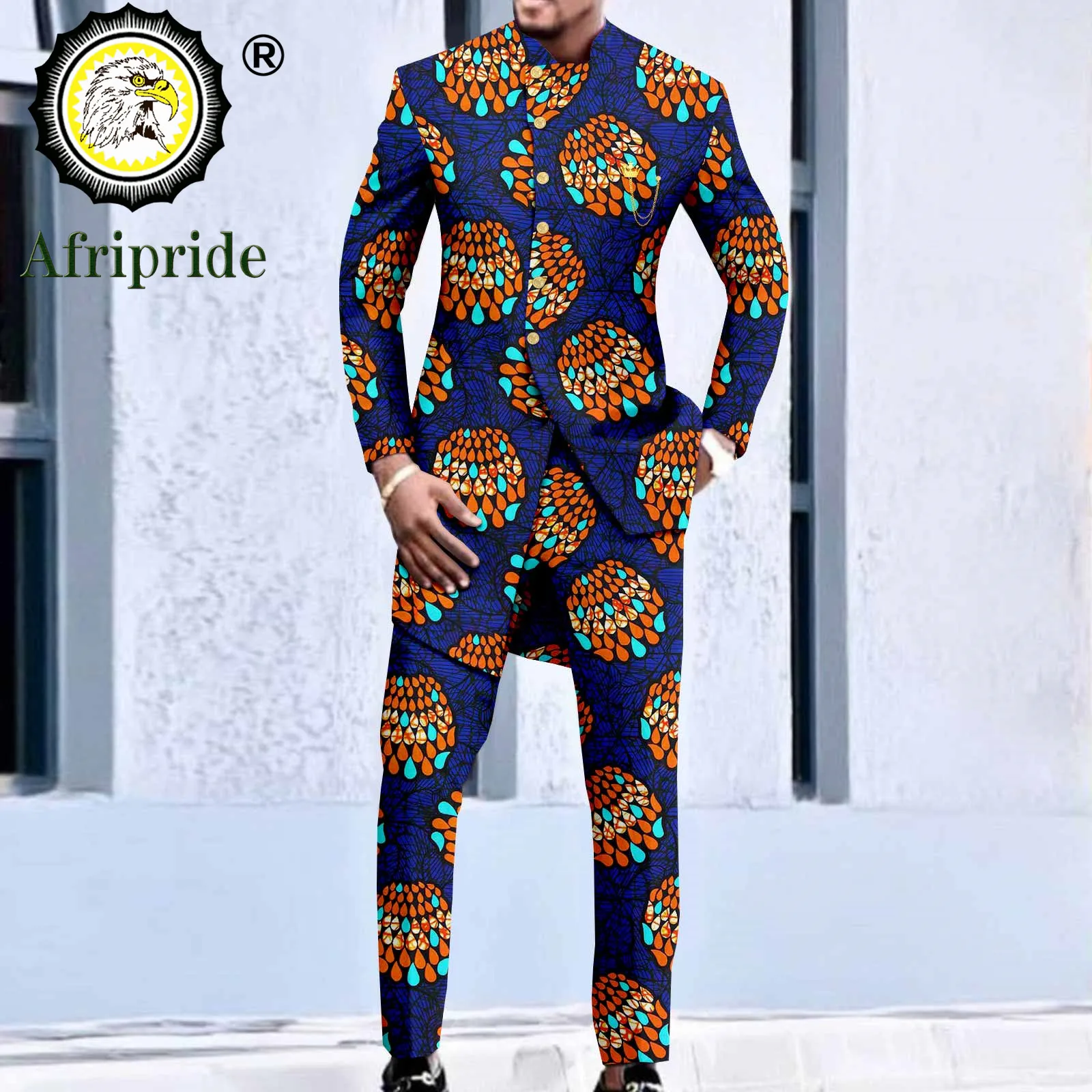 Bazin Riche African Suit for Men Print Jackets and Trousers 2 Piece Set Slim Fit Dashiki Outfits Attire Plus Size A2216040