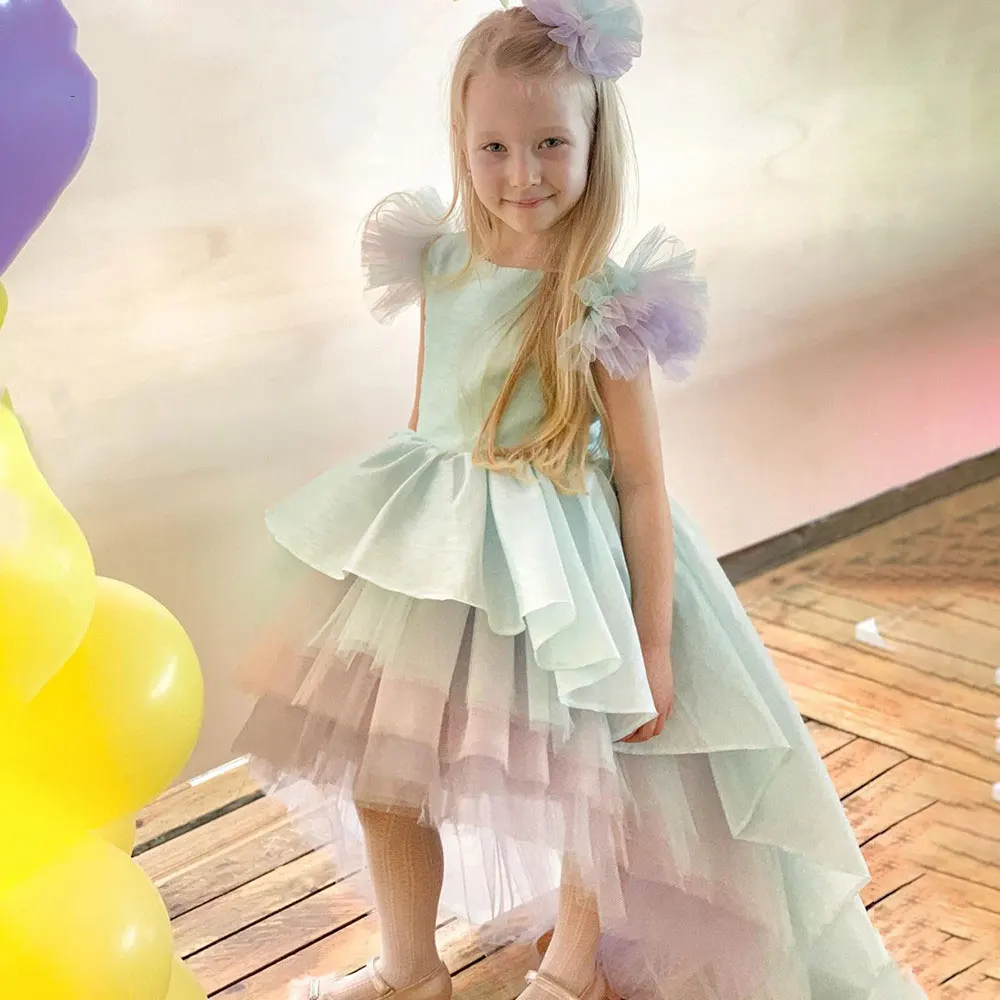 

Mvozein Unicorn Girl Princess Dress High Low Flare Sleeve Girl Birthday Dress Mint Cute Layers Baby Girl Dress