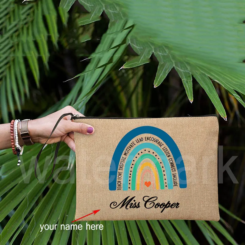 Personalized Custom Name Teacher Makeup Bag Rainbow Make Up Case Cosmetic Case Back To School Gift Canvas Toiletry Organizer