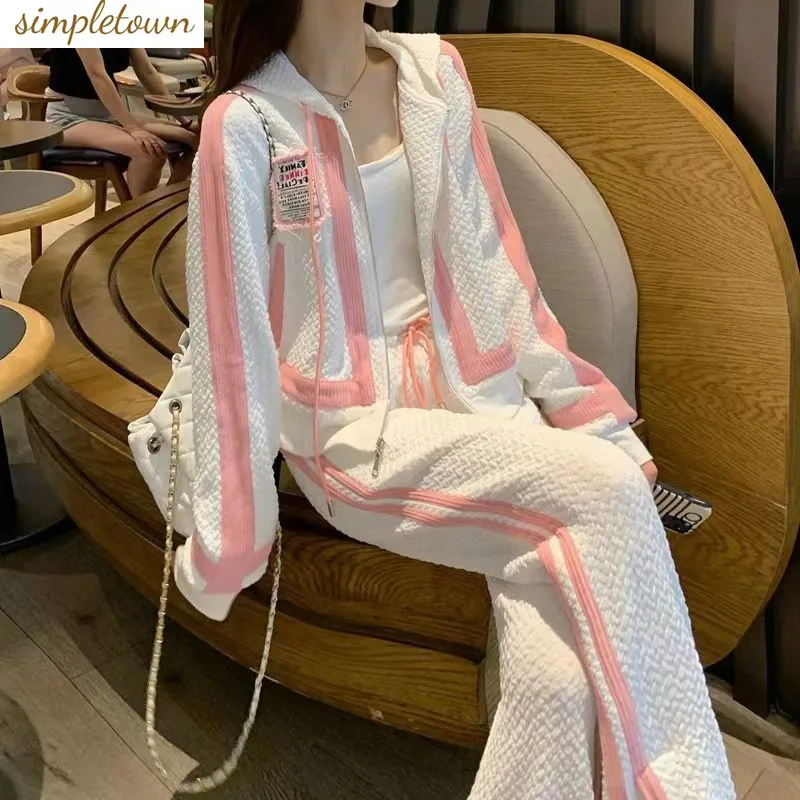

2023 Autumn New Sportswear Contrast Color Fashion Style Casual Age Reducing Wide Leg Pants Women's Two Piece Set