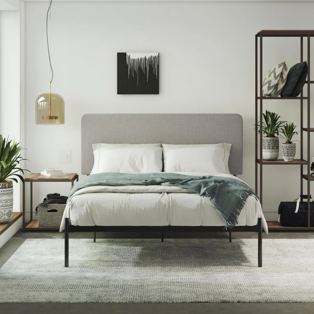 Krew Upholstered Bed, Queen Size Frame, Black Metal/Gray Linen  bedroom furniture  bed set