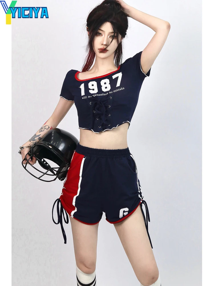 

YICIYA Women's Tracksuit Two Peice Sets T-shirt + Shorts Womens 2023 Summer Cheerleading Fashion Suit Sexy Outfits Pants Suits